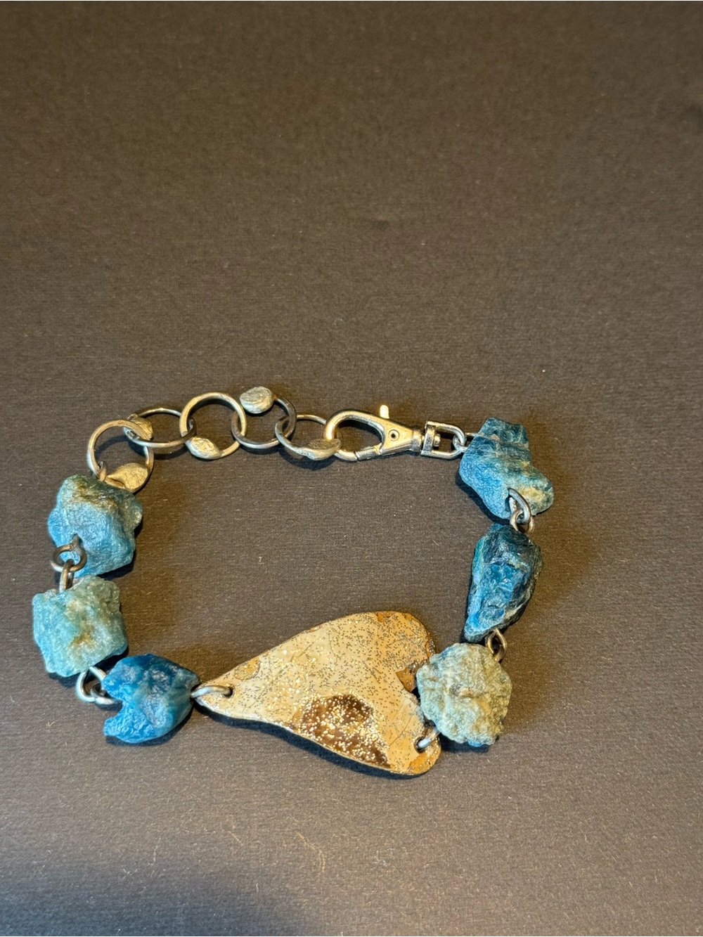 Handcrafted Raw Apatite Gemstone Bracelet with Distressed Sparkling Heart